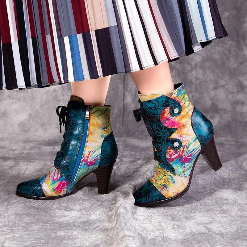 Women's high heeled leather patchwork ankle booties ethnic flower print ankle boots