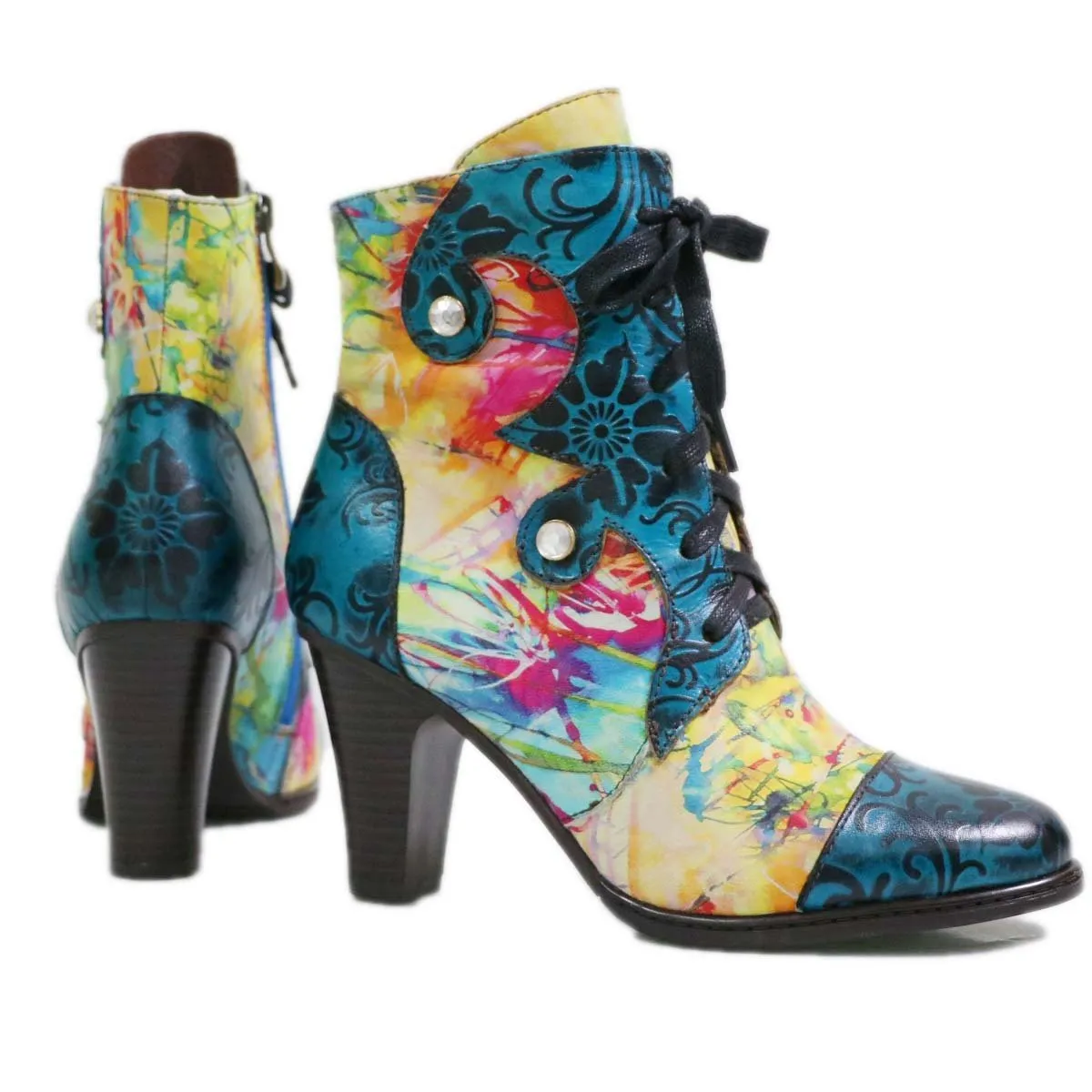 Women's high heeled leather patchwork ankle booties ethnic flower print ankle boots