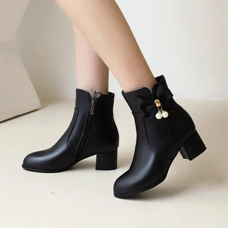 Women's Pu Leather Side Zippers Bow Tie Pearls Block Heel Short Boots