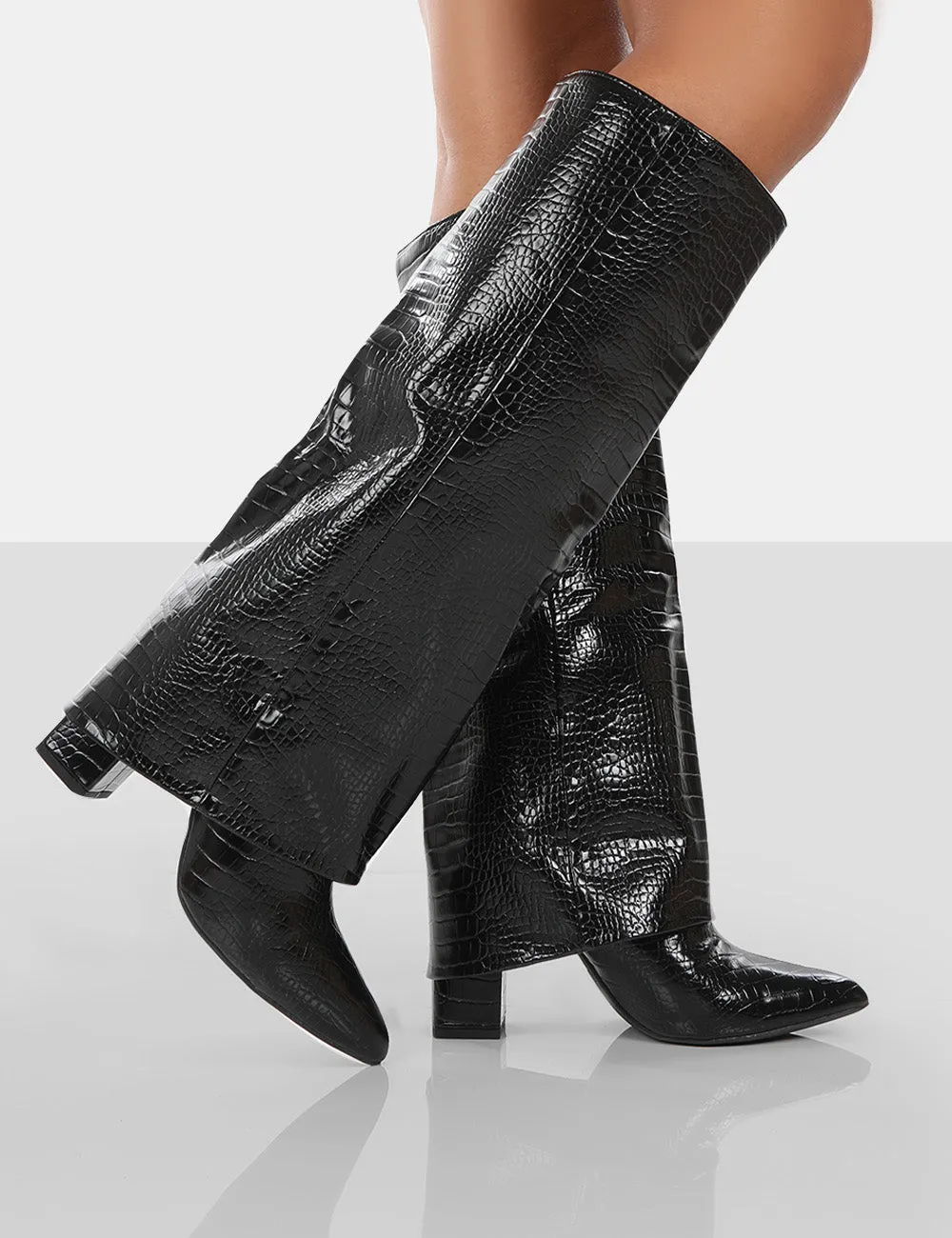 Zendaya Black Patent Croc Pointed Toe Knee High Block Boots