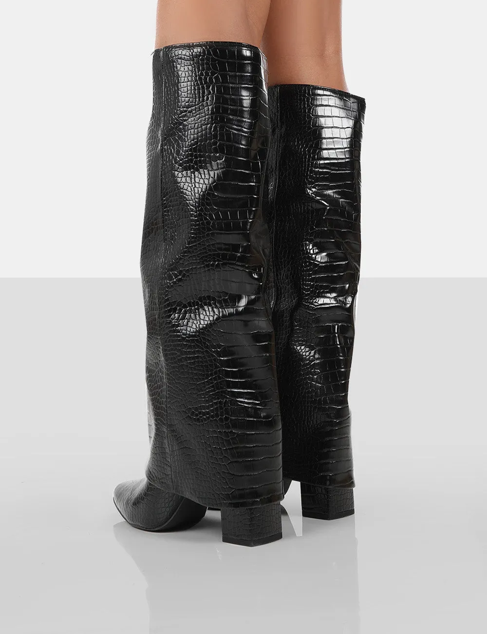 Zendaya Black Patent Croc Pointed Toe Knee High Block Boots