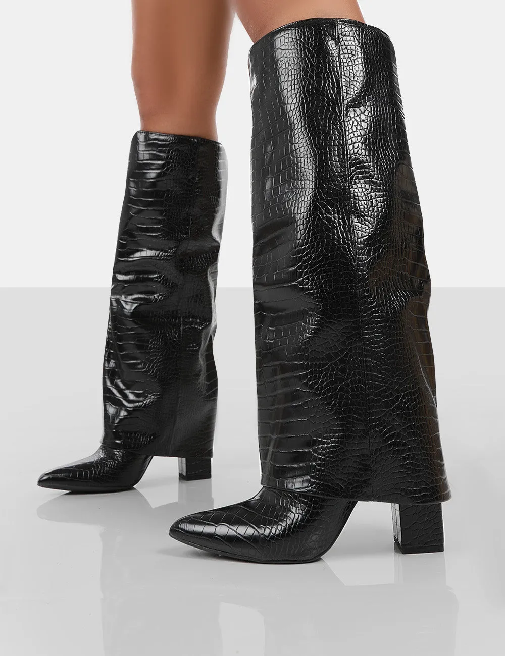 Zendaya Black Patent Croc Pointed Toe Knee High Block Boots